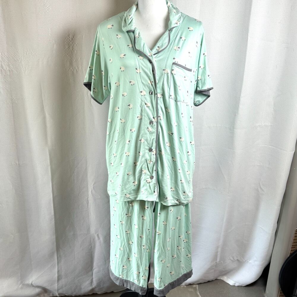 Munki Munki Pajama Set Womens Sheep Soft Green Sz L Button Down Capri in EUC